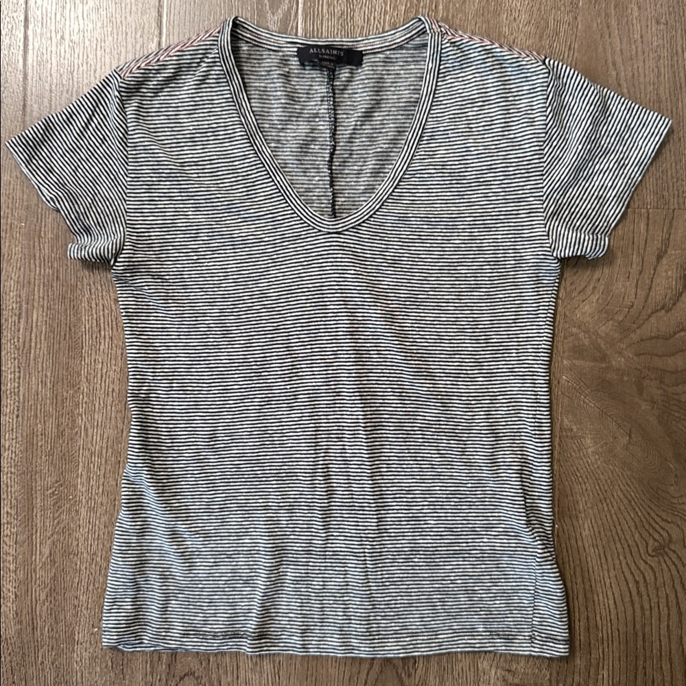 All Saints Monochrome Striped V-Neck short sleeve tee
